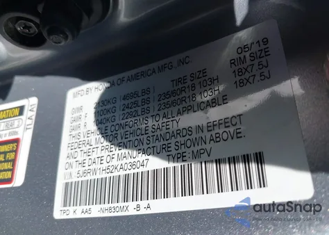 2019 Honda Cr-V Ex из США, поврежденный, VIN 5J6RW1H52KA036047